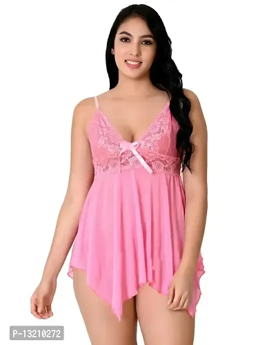 Fihana Net Lace Above Knee Babydoll Lingerie Honeymoon Nightwear Sleepwear Nighty with G-String Panty, Fits Well for Plus Size. Dark Pink