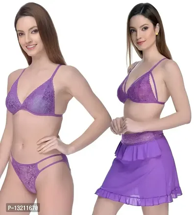 Roli Poli Spandex Net Lace Babydoll Nighty with Bra  Panty Combo, Lingerie Set for Women Small to 3XL