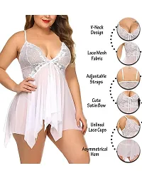 Fihana Net Lace Above Knee Babydoll Lingerie Honeymoon Nightwear Sleepwear Nighty with G-String Panty, Fits Well for Plus Size. White-thumb2