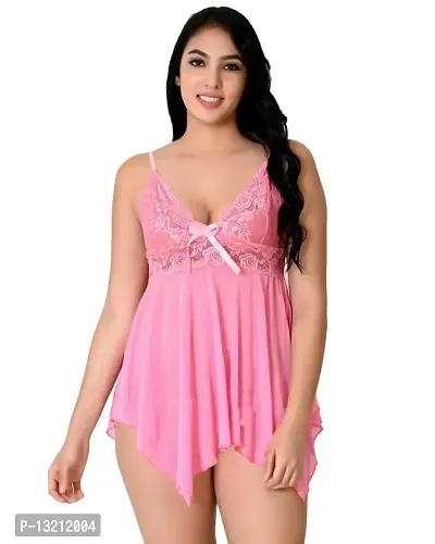 Fihana Women's Net Lace Above The Knee Babydoll Lingerie, Honeymoon Nightwear with Matching Panty, Small to 3XL