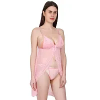 Fihana Women's Sexy Stylish Babydoll Net and Lace Honeymoon Above knee Night Dress (Pink, Free Size)-thumb3