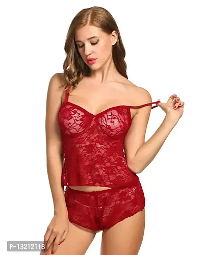 Fihana Womens V Neck Net Lace Babydoll Lingerie for Women, Sleepwear for Honeymoon, First Night, Anniversary Nightdress Small to 3XL Red