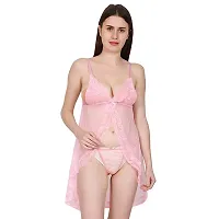 Fihana Women's Sexy Stylish Babydoll Net and Lace Honeymoon Above knee Night Dress (Pink, Free Size)-thumb2