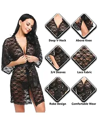 Fihana Women Net Lace Solid Babydoll Robe Nightgown Lingerie, Honeymoon Night Dress in Black Color, Small to 3XL-thumb3