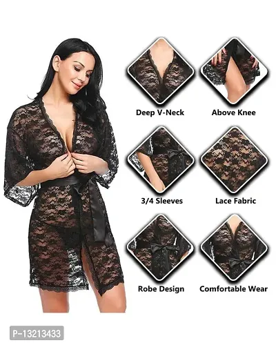 Fihana Women Net Lace Solid Babydoll Robe Nightgown Lingerie, Honeymoon Night Dress in Black Color, Small to 3XL-thumb4