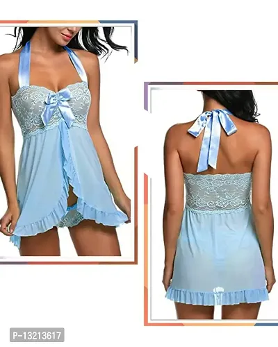 Fihana Spendex Women Babydoll Lingerie Nighty Honeymoon Nightwear (Small to 2XL Fits Well for Plus Size) Light Blue-thumb4