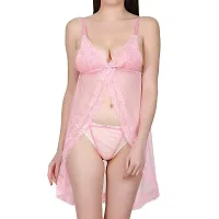 Fihana Women's Sexy Stylish Babydoll Net and Lace Honeymoon Above knee Night Dress (Pink, Free Size)-thumb1