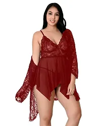 Fihana Net Spandex Lycra Women Babydoll Lingerie Nighty 2 Piece in Black, Red, Maroon Color Lingerie Baby Doll for Women Small to 3XL-thumb3