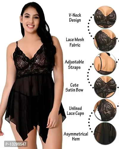 Fihana Lingerie Set for Women Honeymoon Babydoll Woman Nightwear Dress Small to 3XL Black-thumb2