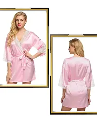 Fihana Above Knee Women Satin Kimono Robe V-Neck Honeymoon Nightwear Gown for Women with Matching Bikini Set-thumb3