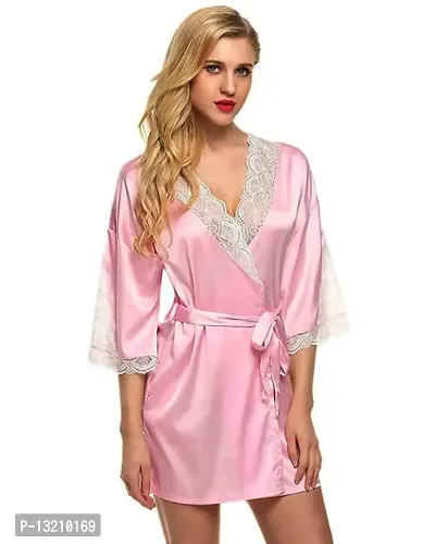 Fihana Above Knee Women Satin Kimono Robe V-Neck Honeymoon Nightwear Gown for Women with Matching Bikini Set-thumb0