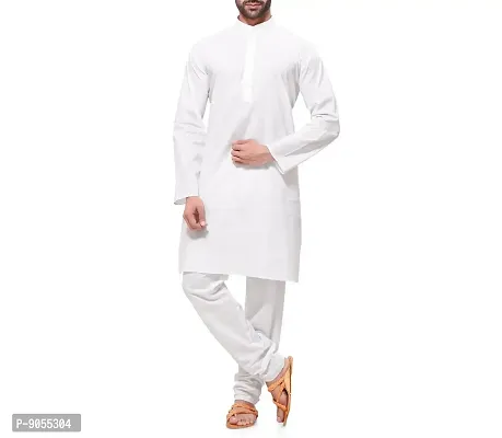 RG Designers Men's Plain White Cotton Blended Kurta Pajama Set-thumb0