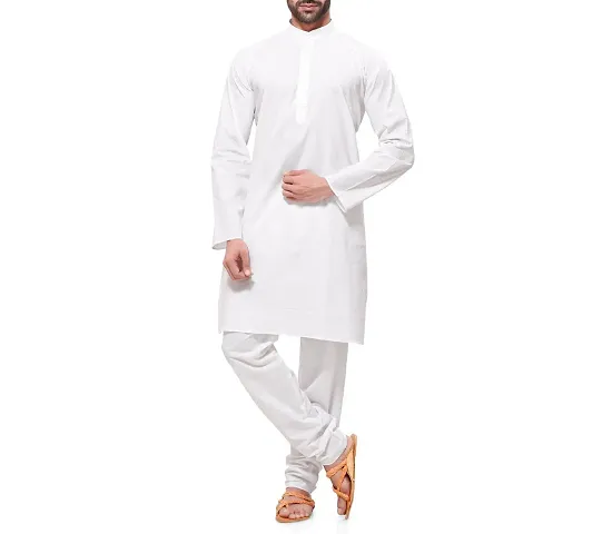 RG Designers Men's Plain White Cotton Blended Kurta Pajama Set