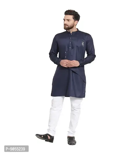 RG Designers Cotton Full Sleeve Navy Blue Cross Stitch Kurta With White Churidar For Men-thumb0