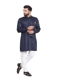 RG Designers Cotton Full Sleeve Navy Blue Cross Stitch Kurta With White Churidar For Men-thumb1