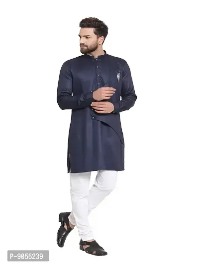 RG Designers Cotton Full Sleeve Navy Blue Cross Stitch Kurta With White Churidar For Men-thumb2