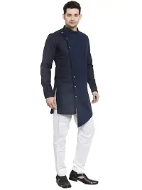 RG Designers Cotton Full Sleeve Navy Blue Cross Stitch Kurta With White Churidar For Men-thumb1