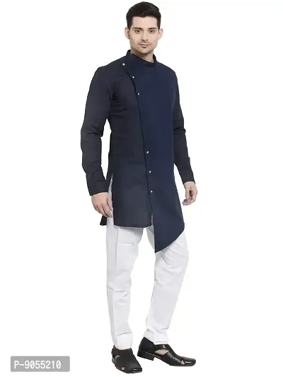 RG Designers Cotton Full Sleeve Navy Blue Cross Stitch Kurta With White Churidar For Men-thumb2