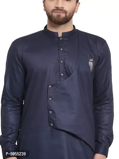 RG Designers Cotton Full Sleeve Navy Blue Cross Stitch Kurta With White Churidar For Men-thumb5