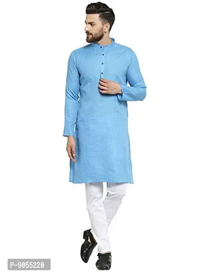 RG Designers Blue Cotton Blend Long Sleeve Traditional Kurta Pyjama Set for Men