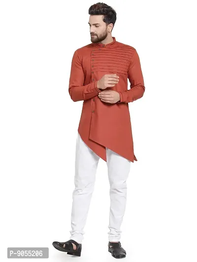 RG Designers Cotton Full Sleeve Rust Cross Stitch Kurta With White Churidar For Men