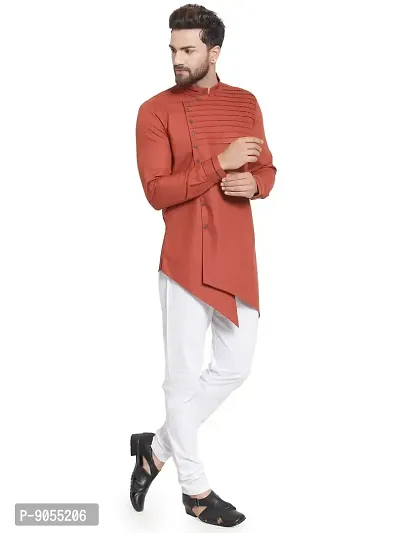 RG Designers Cotton Full Sleeve Rust Cross Stitch Kurta With White Churidar For Men-thumb2