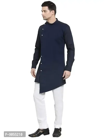 RG Designers Cotton Full Sleeve Navy Blue Cross Stitch Kurta With White Churidar For Men-thumb4