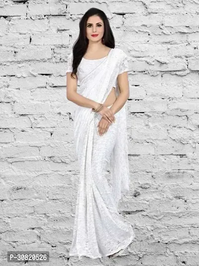 Elegant White Net Embellished Saree With Blouse Piece For Women-thumb0