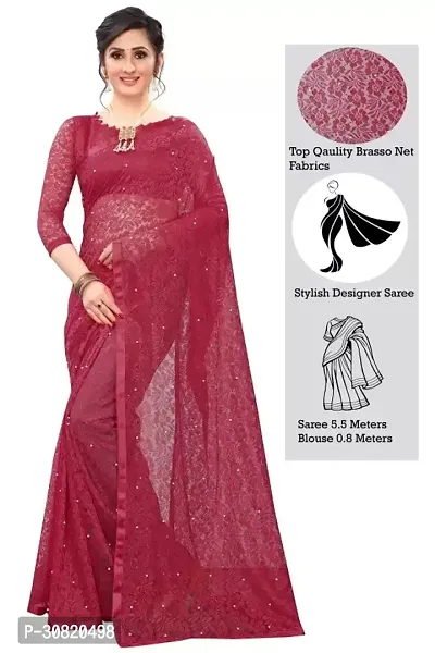 Elegant Magenta Net Embellished Saree With Blouse Piece For Women-thumb0