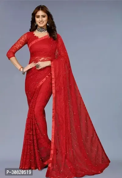 Elegant Red Net Embellished Saree With Blouse Piece For Women-thumb0