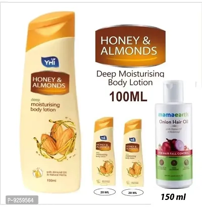 one 100 ml yhi honey almond body lotion and two 20 ml honey almond body lotion and one onion hair oil