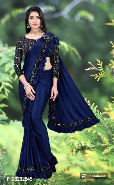 Beautiful Navy Blue Italian Silk Sequinned Women Saree with Separate Blouse-thumb0