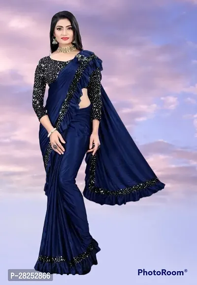 Beautiful Navy Blue Lycra Blend Sequinned Women Saree with Separate Blouse Piece-thumb0