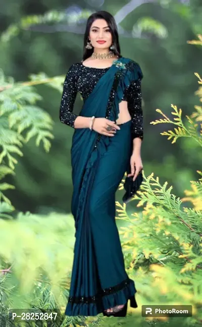 Beautiful Teal Italian Silk Sequinned Women Saree with Separate Blouse-thumb0