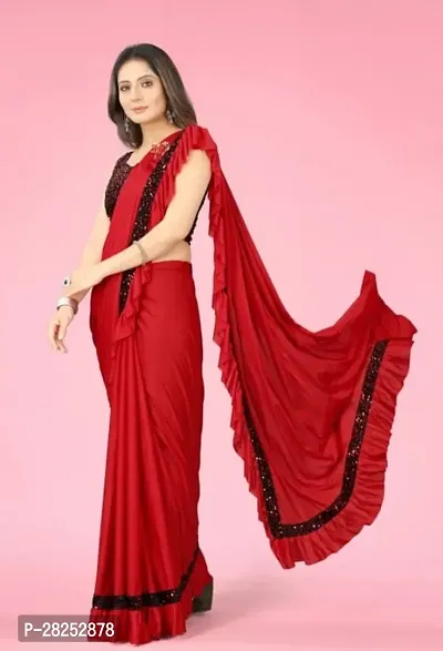 Beautiful Red Lycra Blend Sequinned Women Saree with Separate Blouse Piece-thumb0