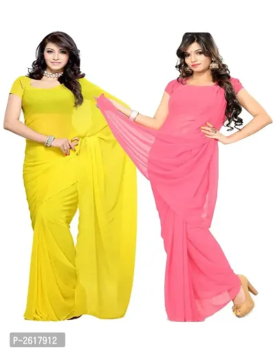 Combo of 2 Sarees  Yellow  Deep pink Georgette Dyed Saree with unstiched blouse