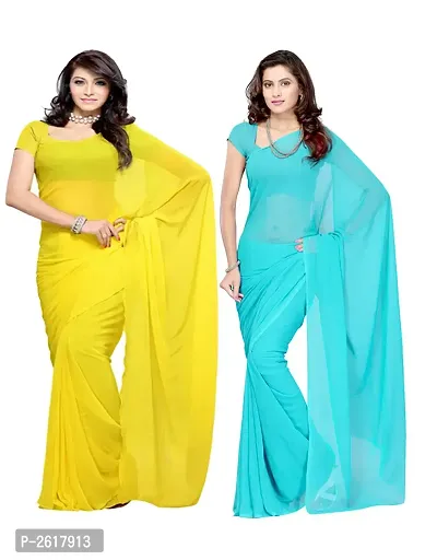 Combo of 2 Sarees  Yellow  Medium turquoise Georgette Dyed Saree with unstiched blouse