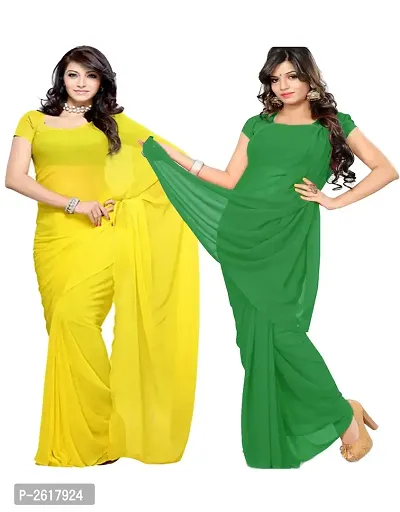 Yellow  Forest green Georgette Dyed Saree With Unstitched Blouse-thumb0