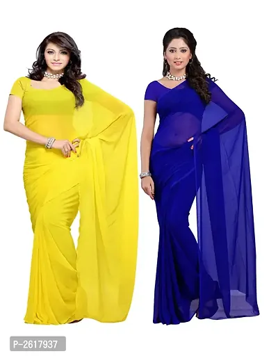 Yellow  Royal Blue Georgette Dyed Saree With Unstitched Blouse-thumb0