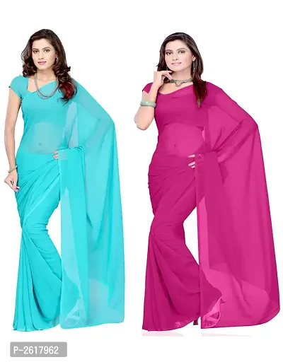 Combo of 2 Sarees  Medium turquoise  Medium violet Georgette Dyed Saree with unstiched blouse-thumb0
