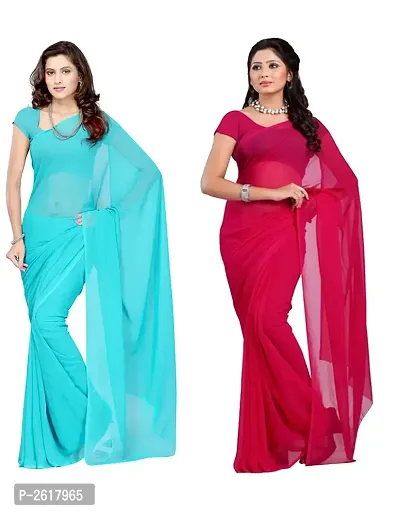 Combo of 2 Sarees  Medium turquoise  Tomato Georgette Dyed Saree with unstiched blouse-thumb0