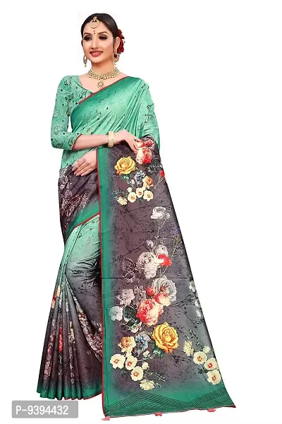 FANCYNINE Women's Floral Zara Silk Saree With Blouse Piece |Green & Blue