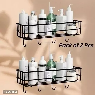 VEDANSHI (PACK OF 2) Bathroom Rack - Bathroom Shelves - Kitchen Storage ndash; Multipurpose Rack And Shampoo Holder With 4 hook - Adhesive Shower Caddy Metal Shelf Without Drilling (Black)-thumb0