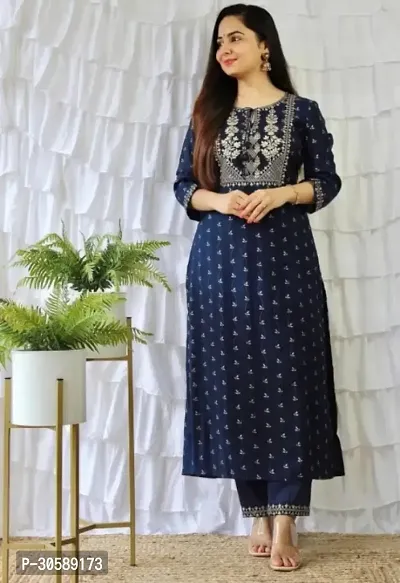 Beautiful Cotton Silk Navy Blue Printed Kurta Pant Set For Women-thumb0