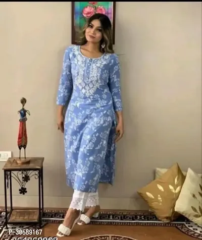 Beautiful Cotton Silk Blue Printed Kurta Pant Set For Women-thumb0