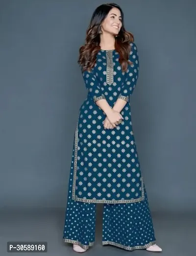 Beautiful Cotton Silk Blue Printed Kurta Pant Set For Women