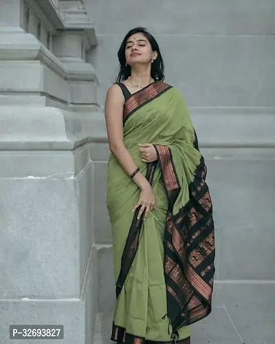 Stylish Green Cotton Printed Saree With Blouse Piece For Women-thumb0