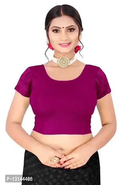 DESIMISS KART Plain Cotton Lycra Round Neck Stretchable Blouse for Women with net Sleeve Purple