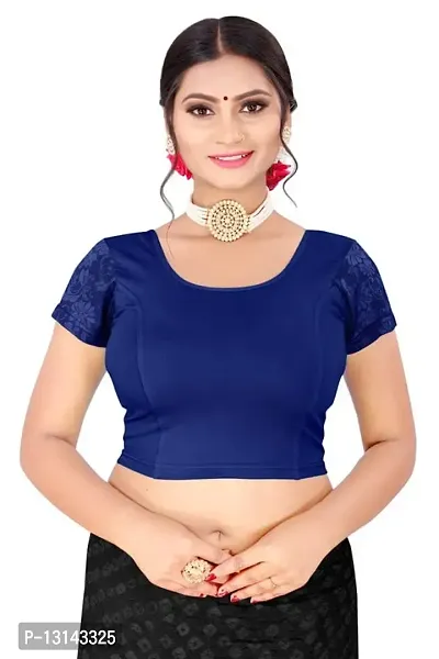 DESIMISS KART Plain Cotton Lycra Round Neck Stretchable Blouse for Women with net Sleeve Blue