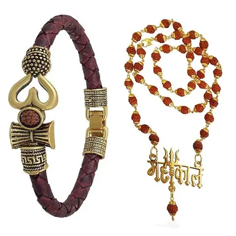 Stylish Fashionable plated om leather kada and Mahakal plated rudraksh mala for male, female and gift for family and friends (pack of 2)